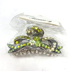 Hair Clip Claw Silver Tone Green and Yellow Rhinestone 3.00in Accessories NWT